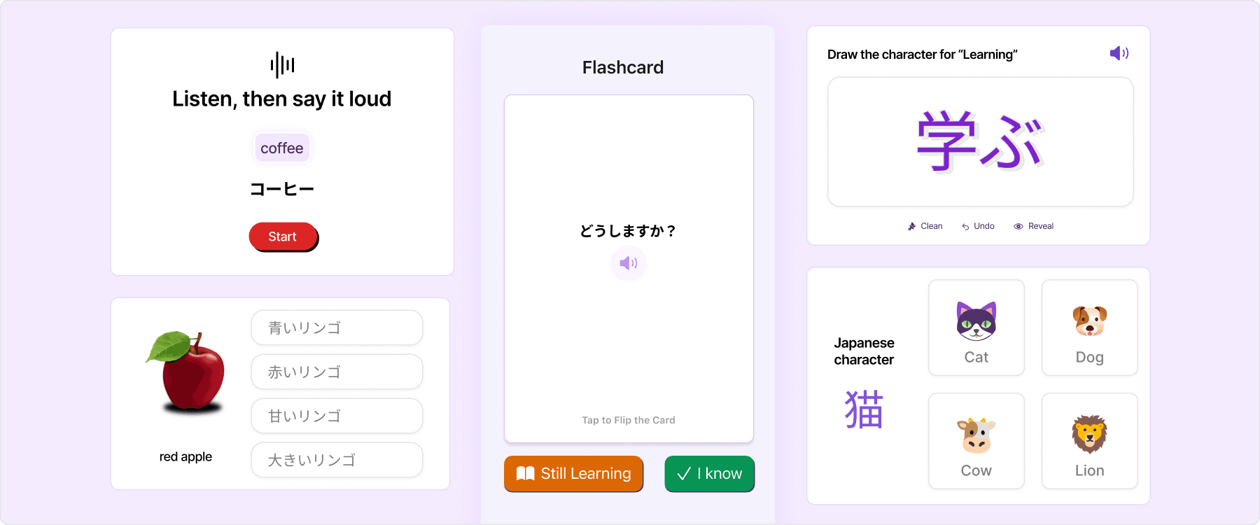 Language learning app with flashcards, quizzes, and drawing exercises
